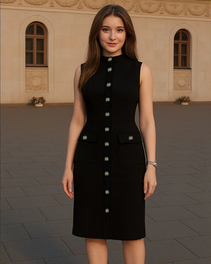 Woman wearing a black dress with white buttons in front of a beige building.