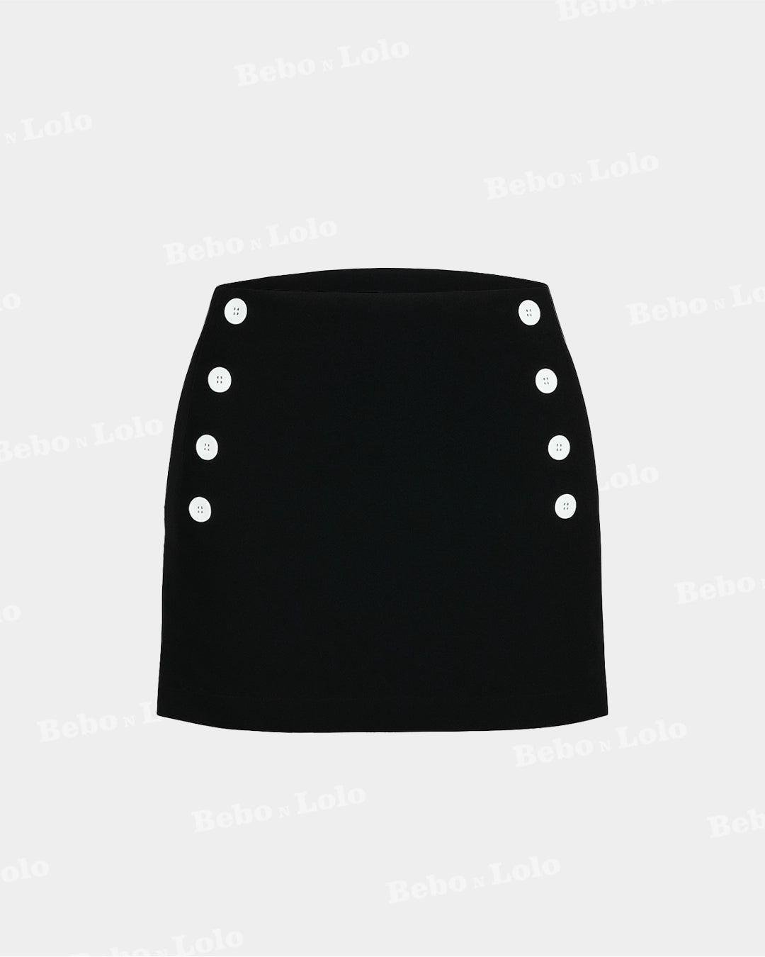 Black mini skirt with button details on a light gray background