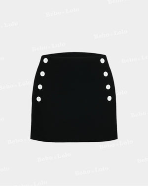 Black mini skirt with button details on a light gray background