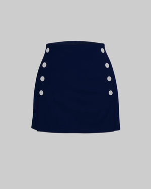 Navy blue skirt with white button details on a light gray background
