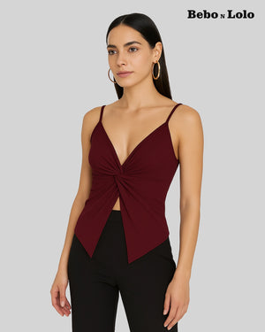 BeboNLolo wine red sleeveless V-neck top with twisted knot front and asymmetric hemline – Front View