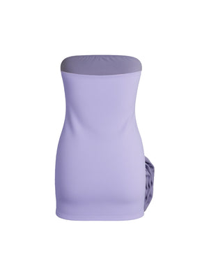 Lavender strapless dress with a geometric pattern on a white background