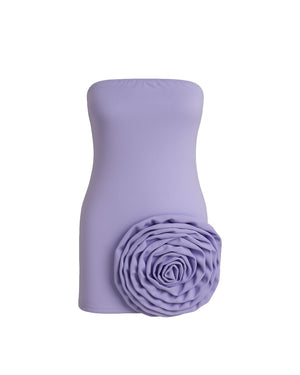 Lavender strapless dress with a floral detail on a white background