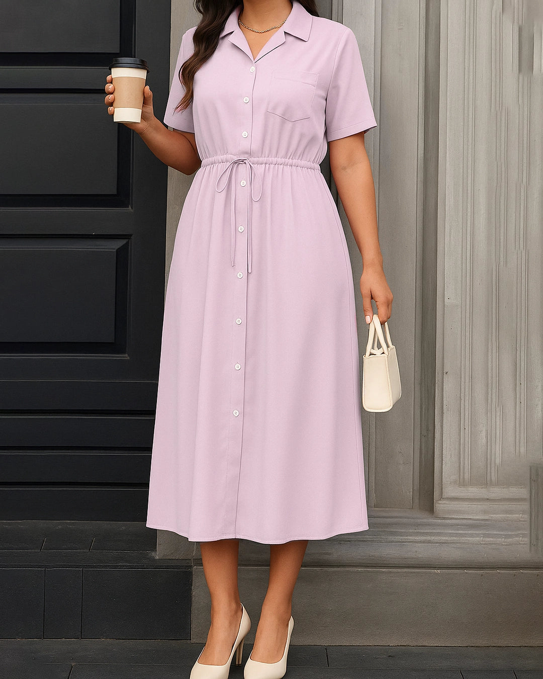 Woman in a light purple dress holding a coffee cup and a small bag against a gray wall.