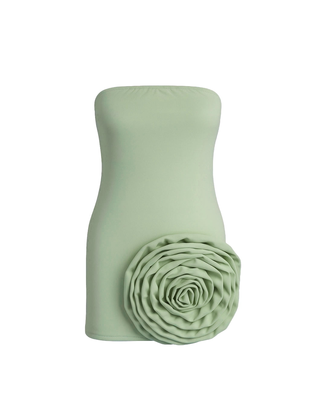 Green strapless top with a floral detail on a white background