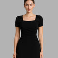 BeboNLolo Luxe Lace Hem Mini Dress in black with square neckline, short sleeves and lace trim – Front View
