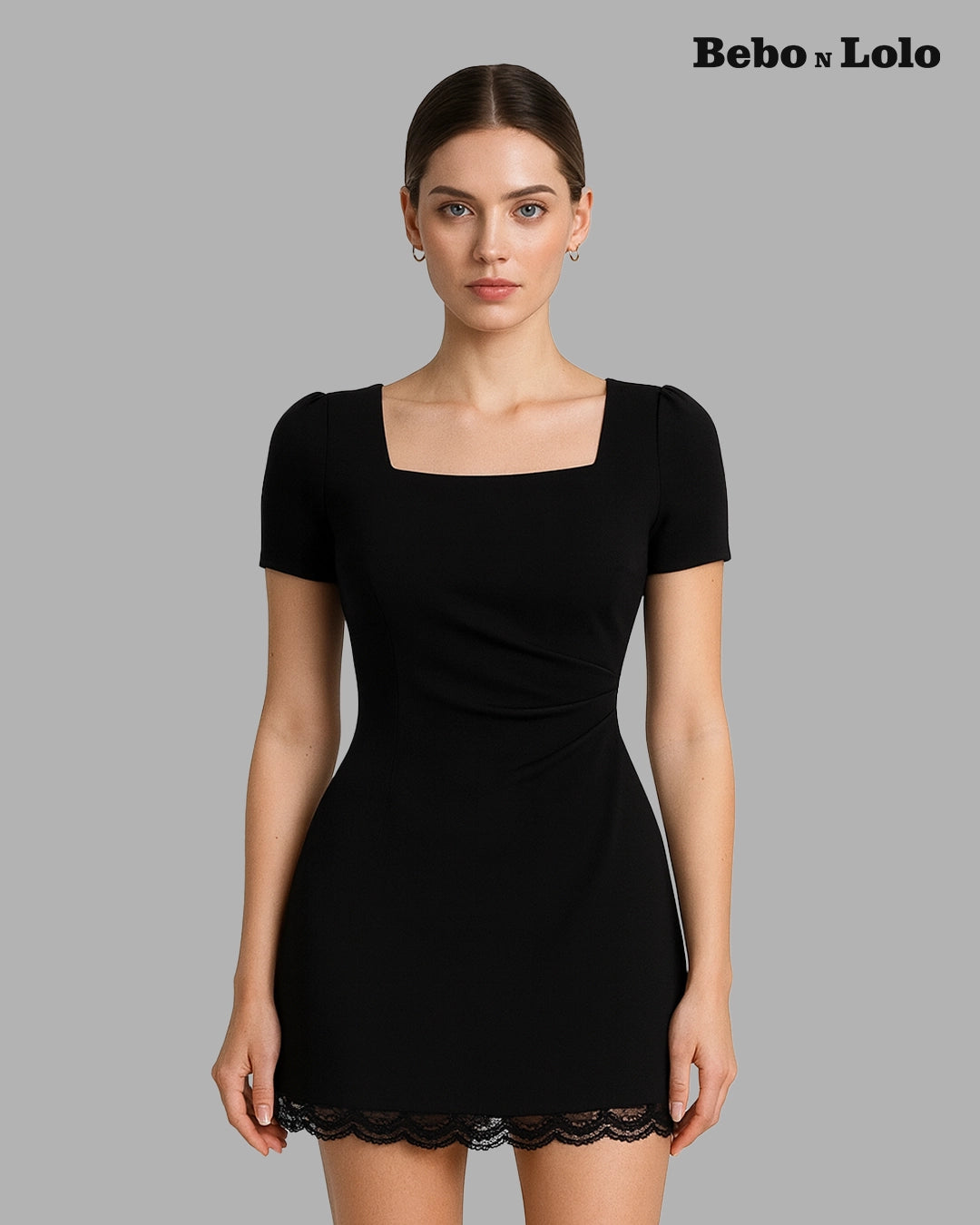BeboNLolo Luxe Lace Hem Mini Dress in black with square neckline, short sleeves and lace trim – Front View