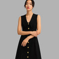 Midnight Muse Sleeveless Black Button Dress