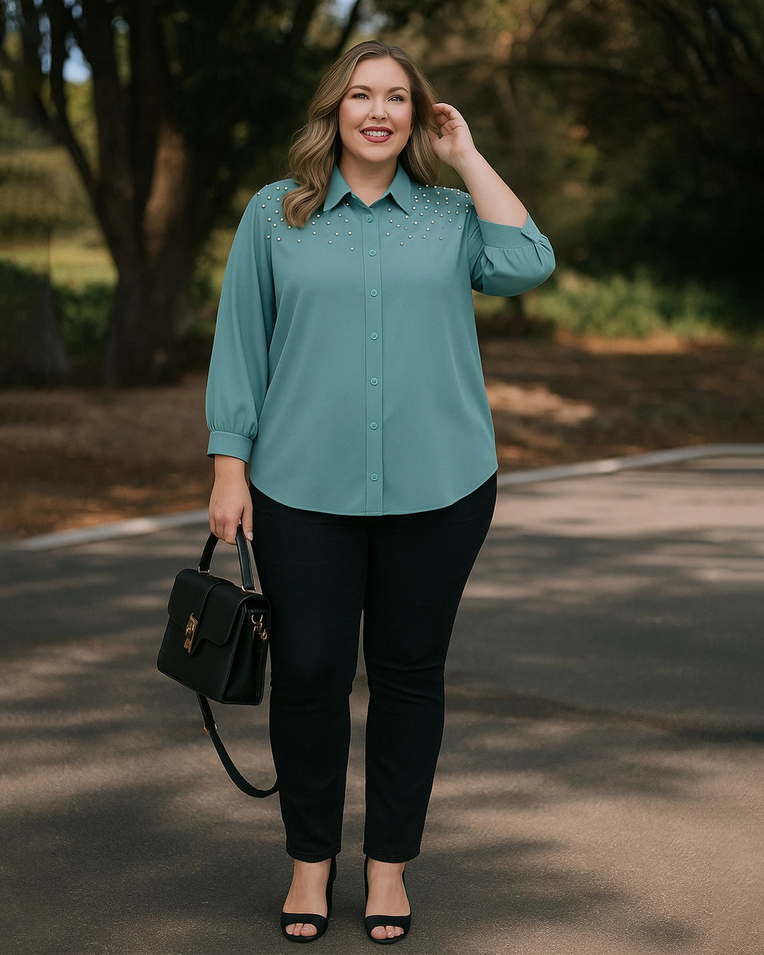 Woman wearing a teal blouse and black pants outdoors