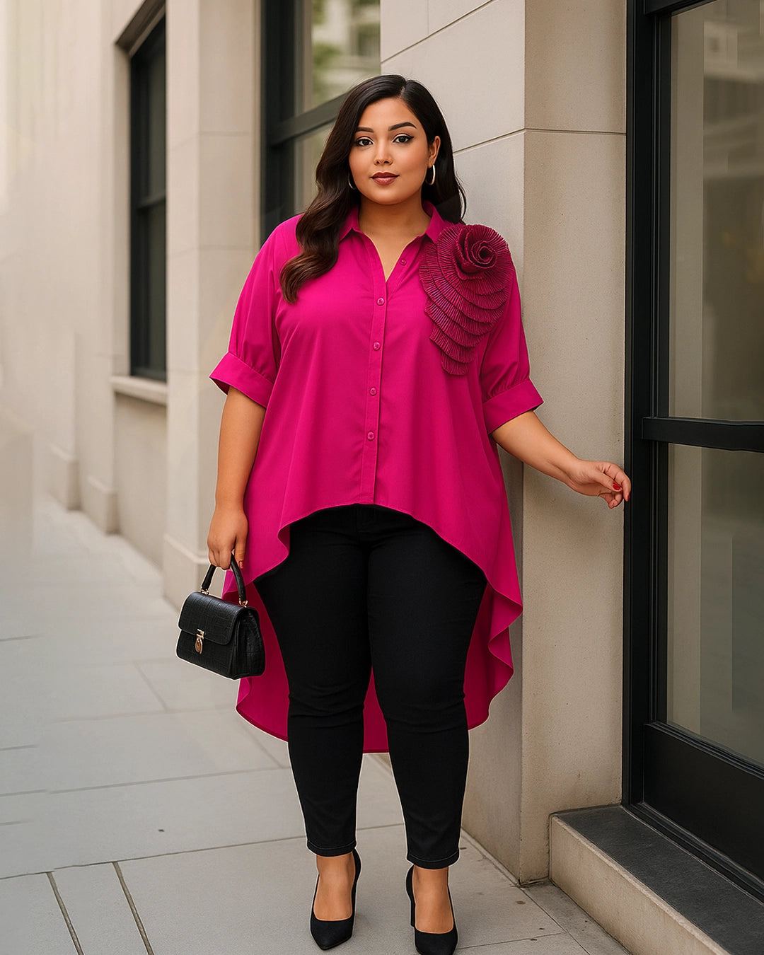 Woman in a bright pink shirt and black pants standing against a building.