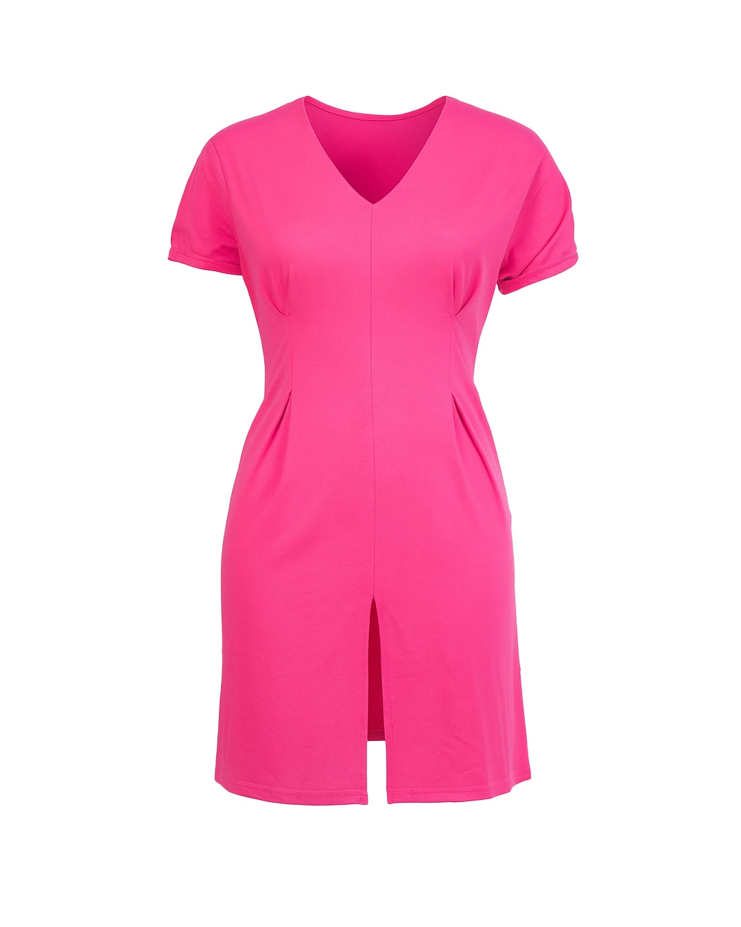 Pink dress with a V-neck and short sleeves on a white background