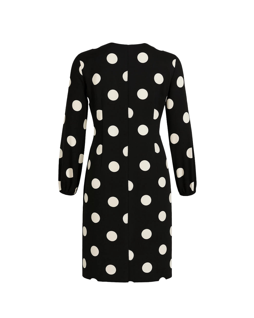 Black dress with white polka dots on a white background