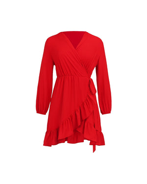Red wrap dress with ruffled details on a white background
