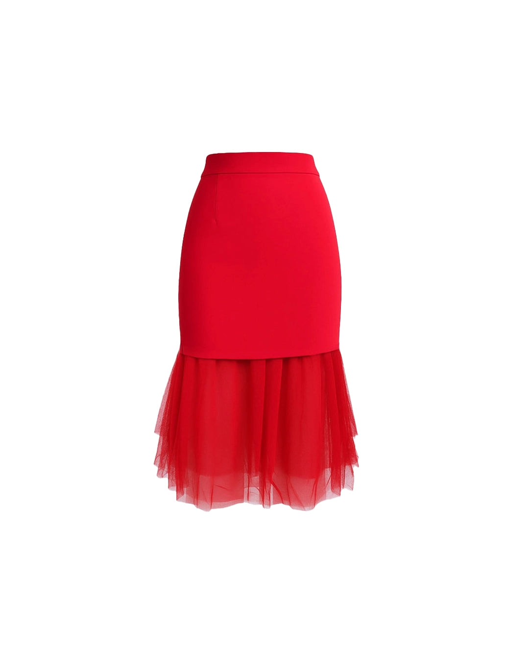 Red skirt with a tulle overlay on a white background
