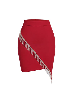 Red skirt with fringe detail on a white background