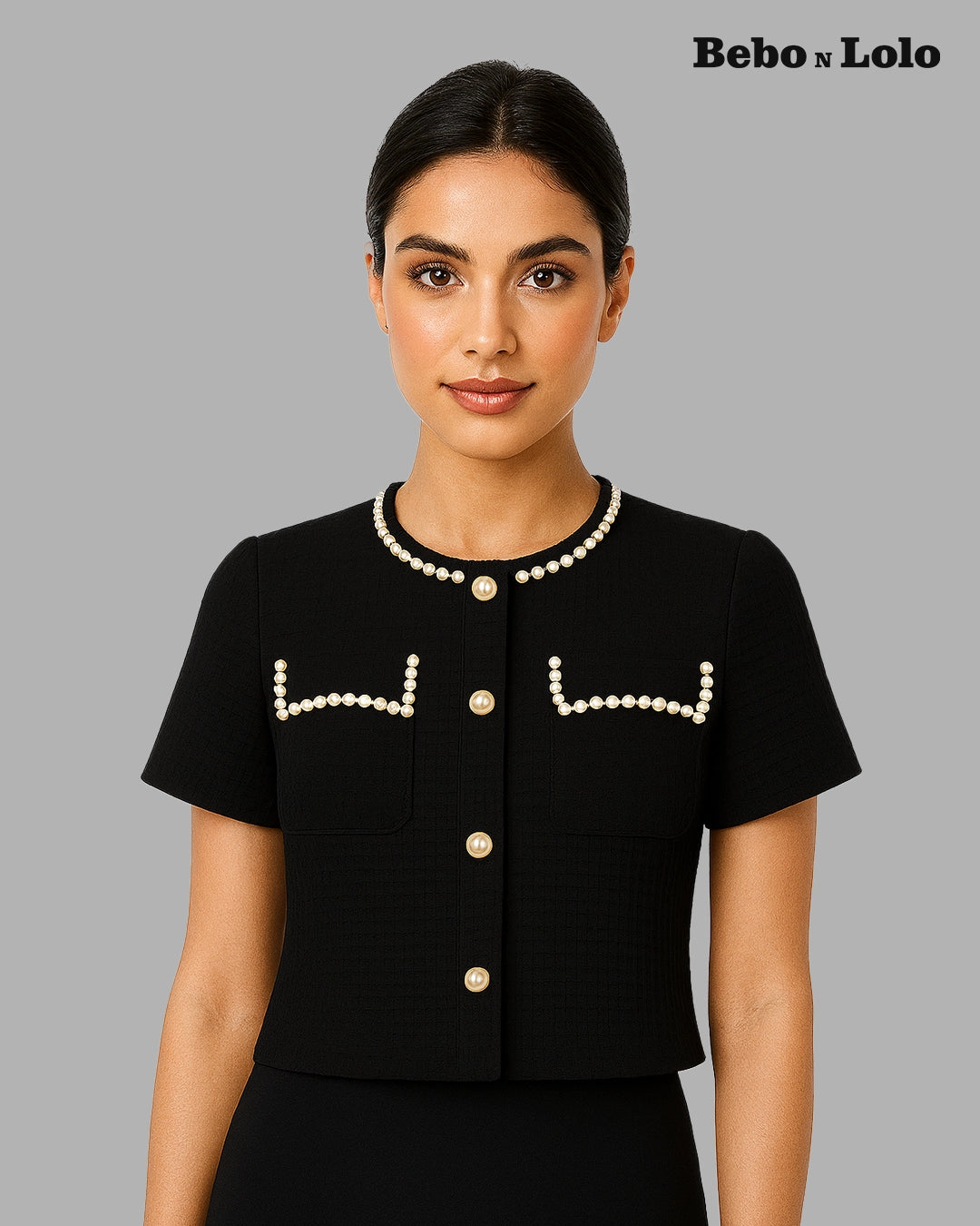 BeboNLolo black cropped top with pearl embellished neckline and button detail – Front View