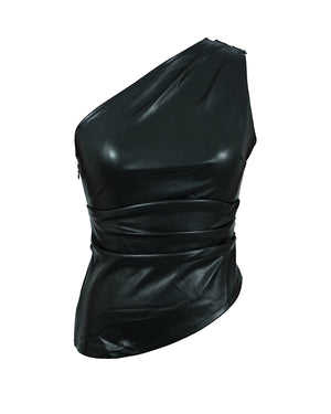 One Shoulder  Leather Ruched Crop Top