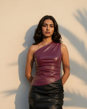 One Shoulder  Leather Ruched Crop Top