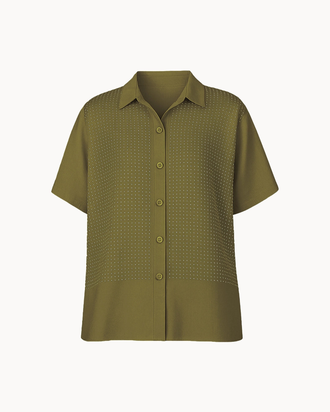 Green short-sleeve shirt with a subtle pattern on a white background