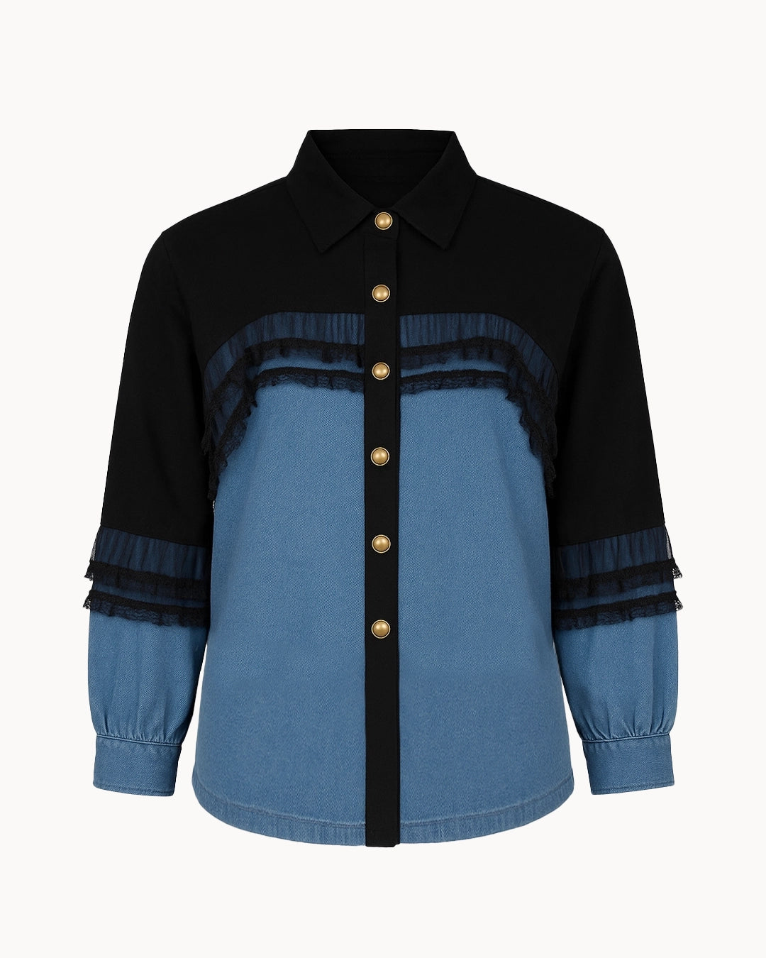 Black and blue shirt with gold buttons on a white background
