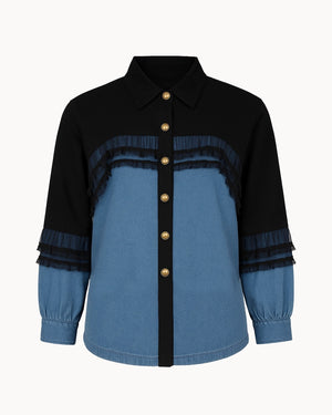 Black and blue shirt with gold buttons on a white background