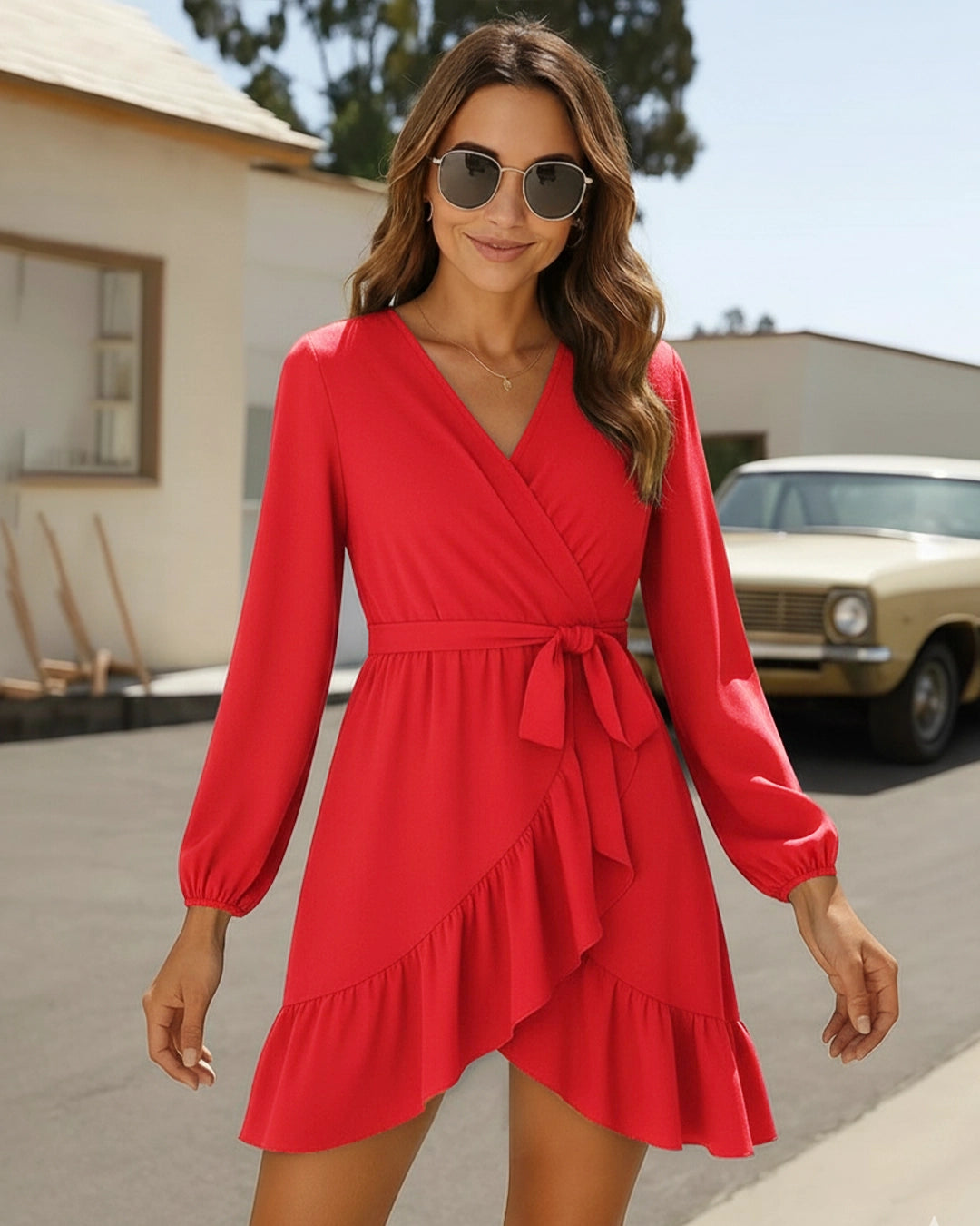 Woman wearing a red dress with long sleeves in an outdoor setting.