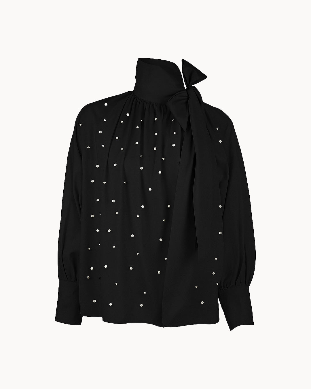 Black blouse with pearl embellishments on a white background
