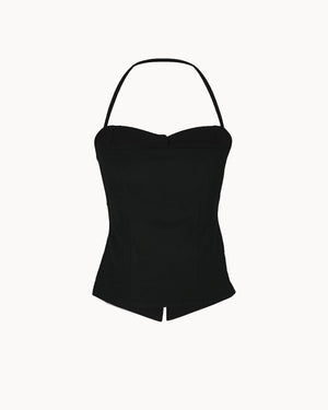 Black strapless top on a white background