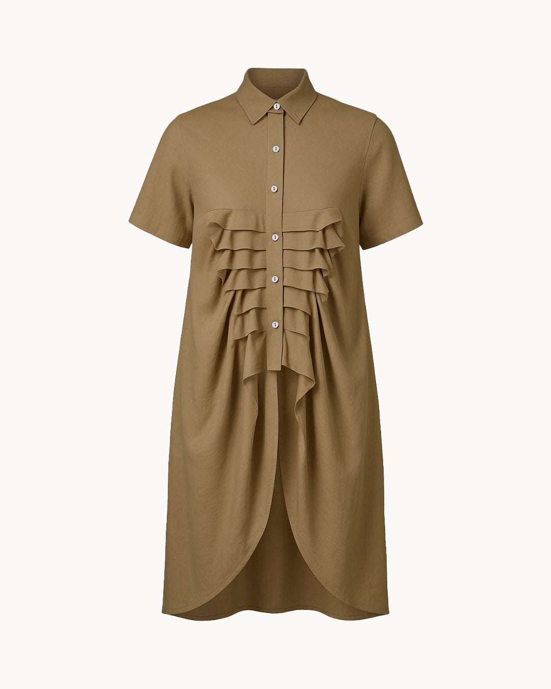Brown dress with ruffled layers on a white background