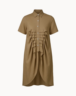 Brown dress with ruffled layers on a white background