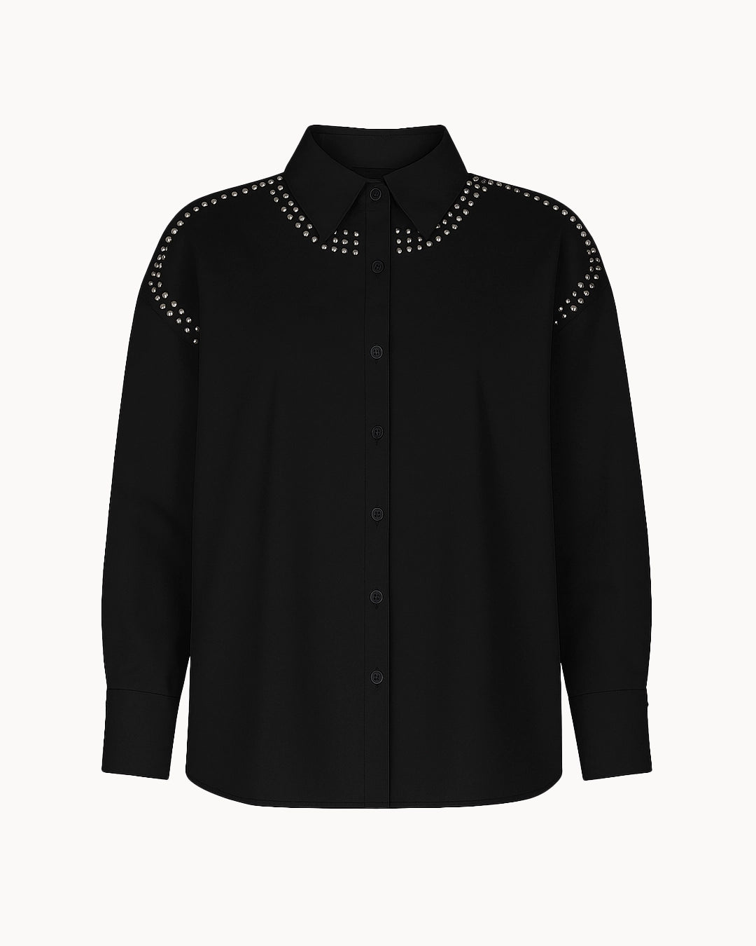 Black shirt with studded details on a white background