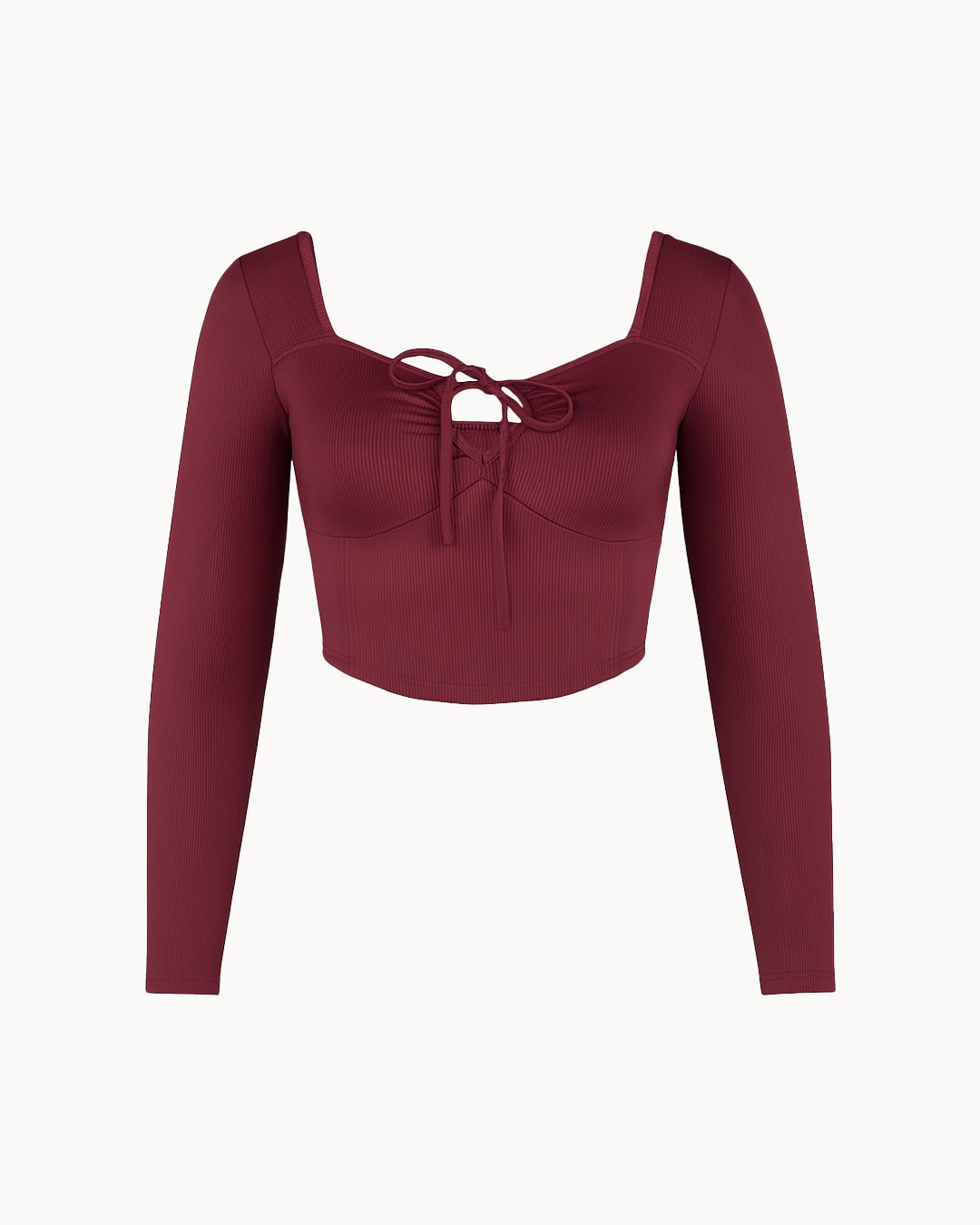Maroon long-sleeve top with a tie detail on a white background