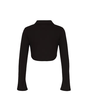 Black long-sleeve crop top on a white background