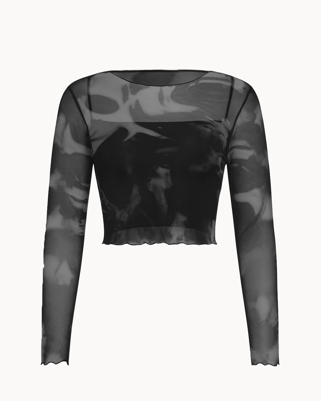 Black and gray long-sleeve top with sheer panels on a white background