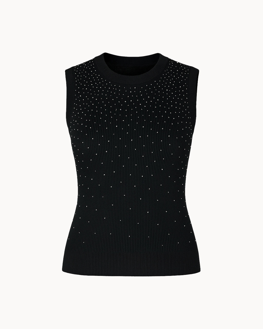 Black sleeveless top with small white embellishments on a white background