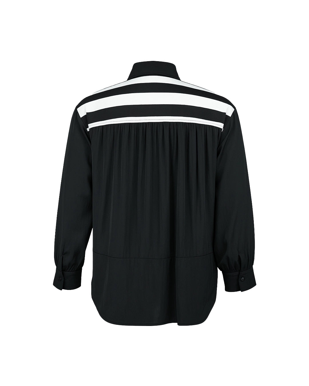 Black shirt with white stripes on the shoulders against a white background