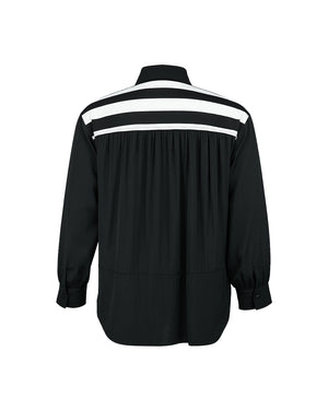 Black shirt with white stripes on the shoulders against a white background