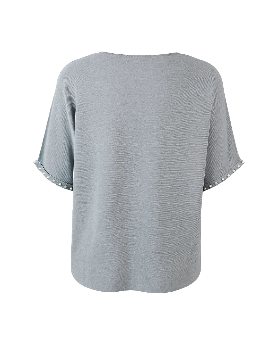 Gray blouse with lace trim on sleeves and hem against a white background