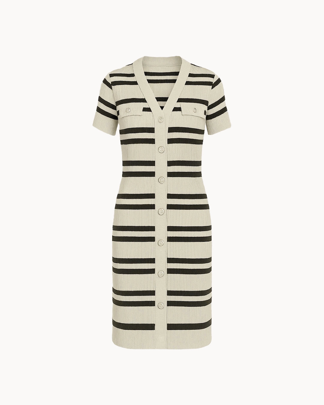 Striped dress with black and white stripes on a white background