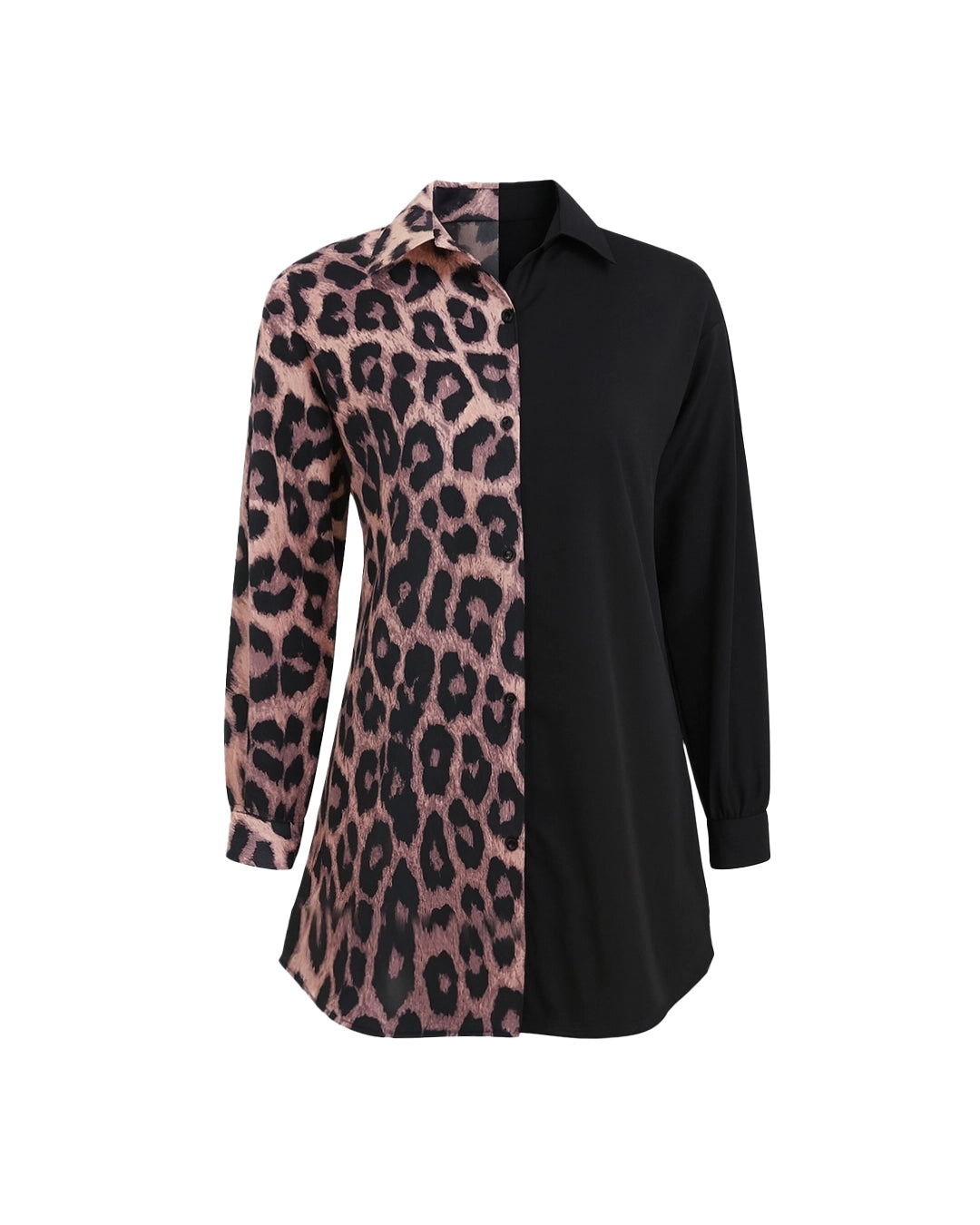 Black blouse with a pink leopard print panel on a white background