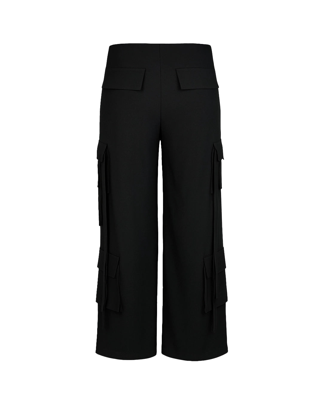 Black wide-leg pants with multiple pockets on a white background