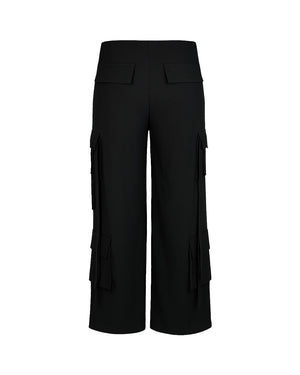 Black wide-leg pants with multiple pockets on a white background