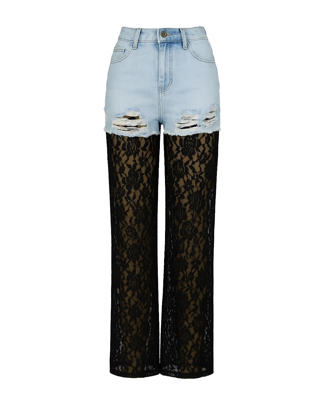 Light blue jeans with black lace detailing on a white background