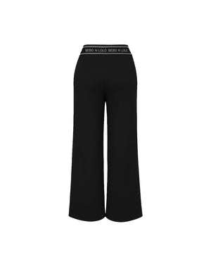 Black wide-leg pants with a brand logo on a white background
