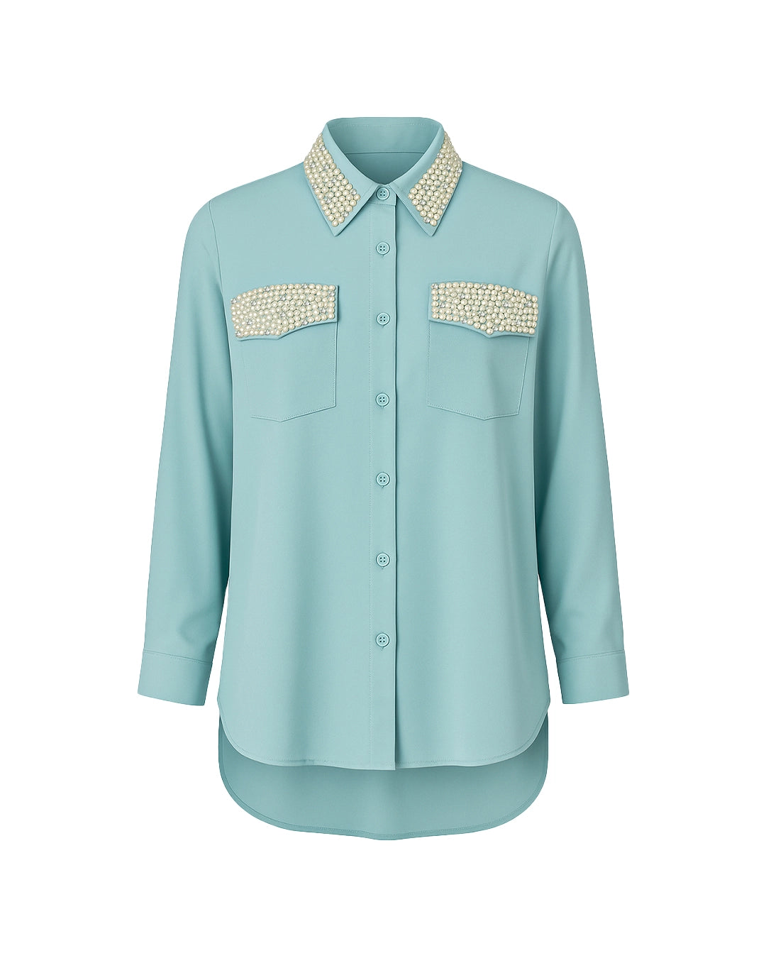 Light blue shirt with decorative collar and chest pockets on a white background