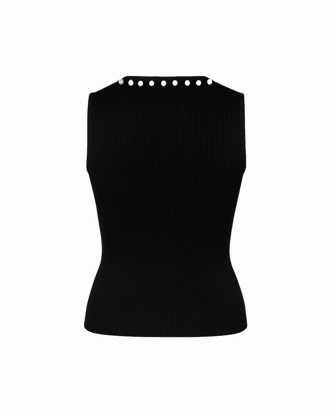 Black sleeveless top with a decorative neckline on a white background