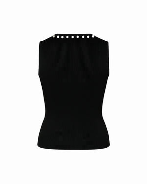 Black sleeveless top with a decorative neckline on a white background