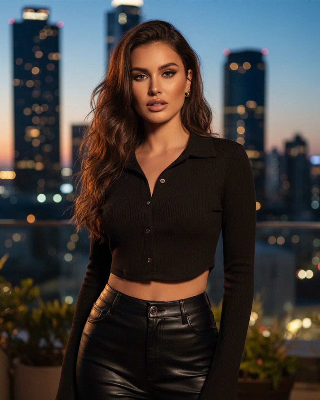 Woman in a black outfit standing against a city skyline at dusk