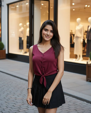 Woman in a maroon top and black skirt standing in front of a store window display.