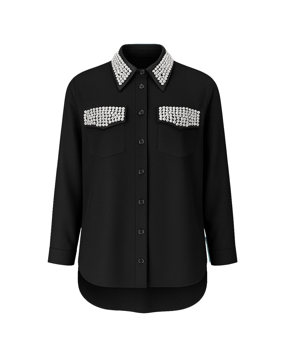 Black shirt with decorative white collar and chest pockets on a white background